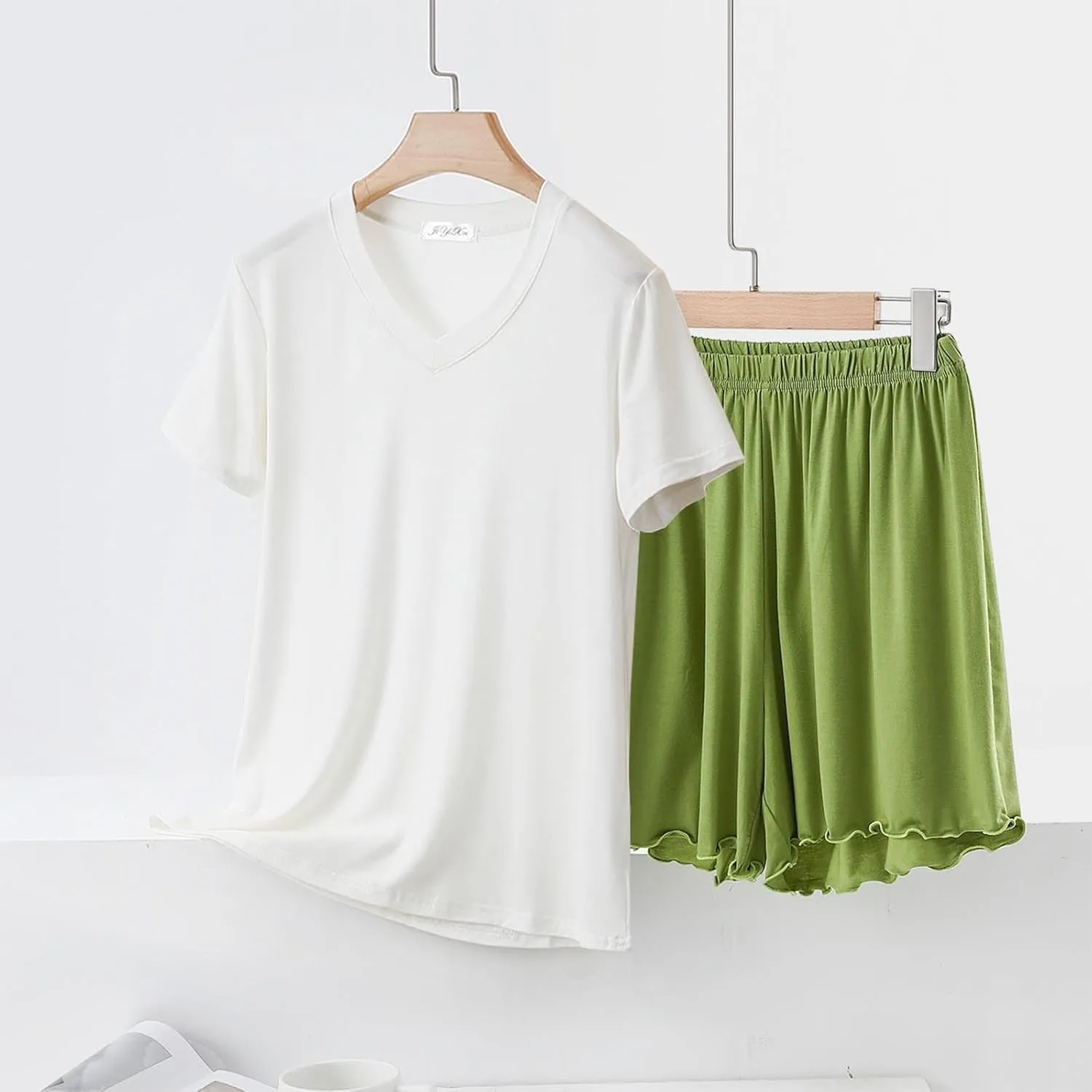 Women Lettuce Trim Shorts Pajamas Set Modal Cotton 2 Piece Sleepwear with Short Sleeve V Neck T-Shirt Comfy Homewear