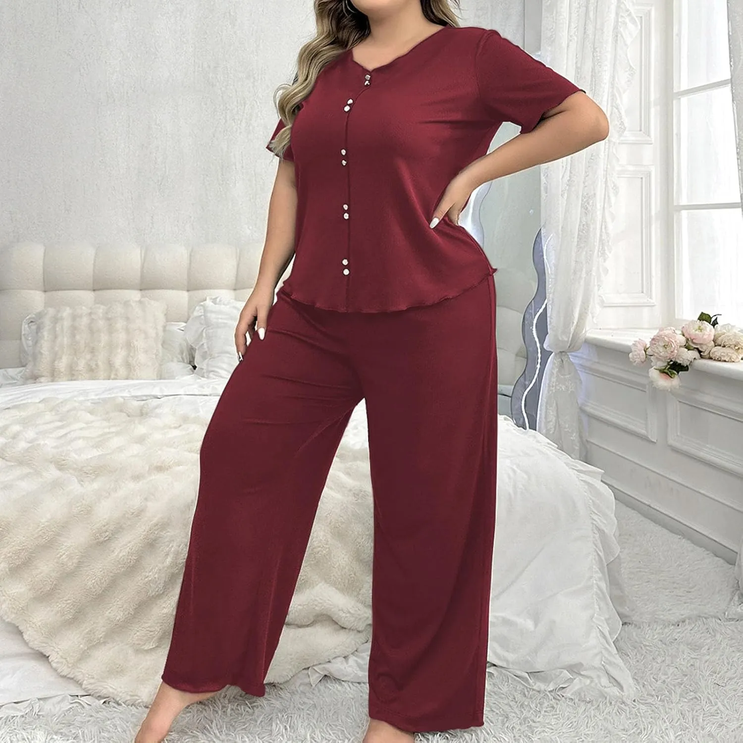 Women Loose Fit Pajama Set Button Trim Short Sleeve T-Shirts and Wide Leg Pants 2 Piece Lounge Outfit Comfy Homewear