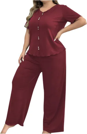 Women Loose Fit Pajama Set Button Trim Short Sleeve T-Shirts and Wide Leg Pants 2 Piece Lounge Outfit Comfy Homewear