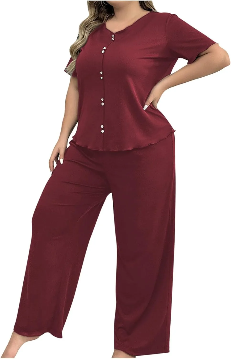 Women Loose Fit Pajama Set Button Trim Short Sleeve T-Shirts and Wide Leg Pants 2 Piece Lounge Outfit Comfy Homewear