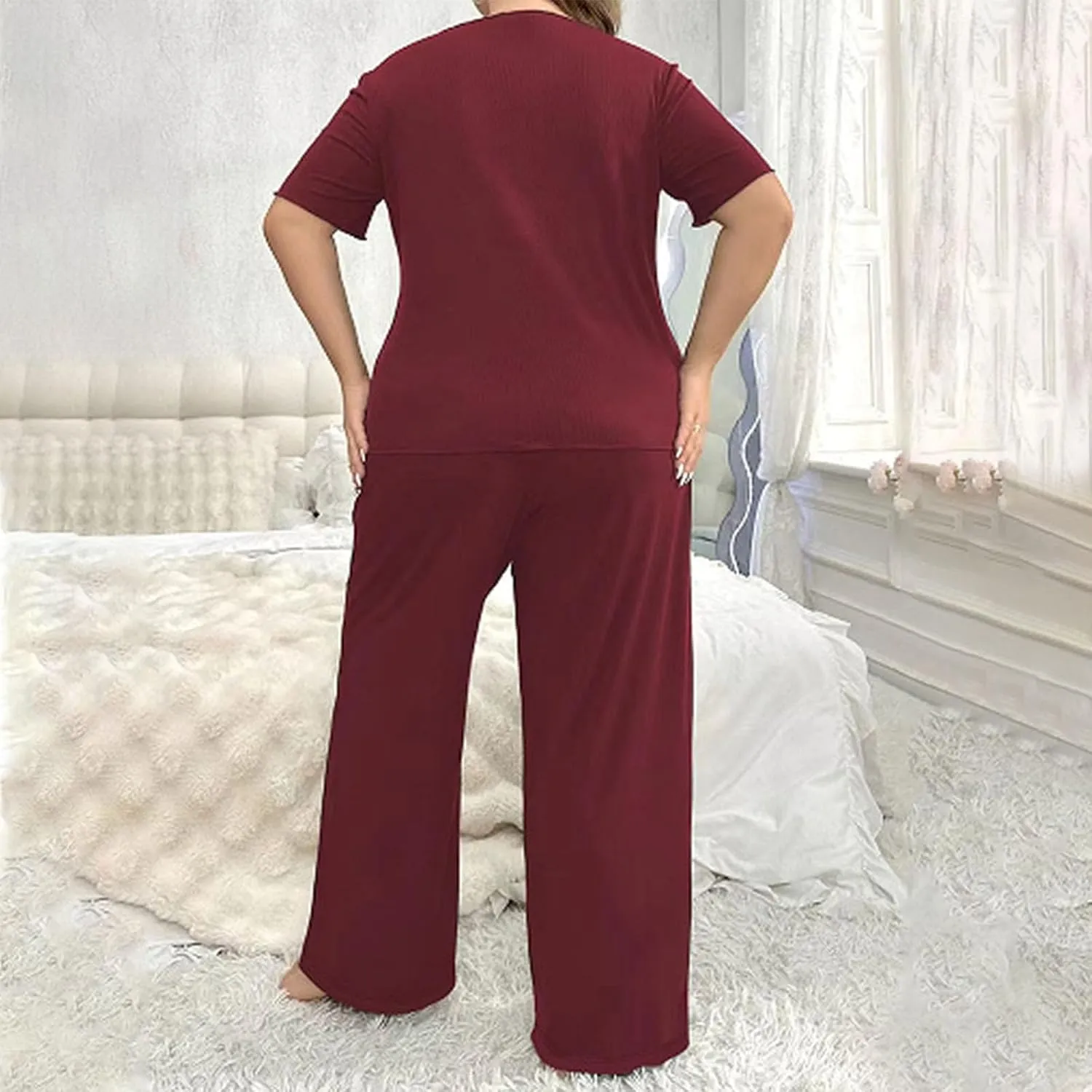 Women Loose Fit Pajama Set Button Trim Short Sleeve T-Shirts and Wide Leg Pants 2 Piece Lounge Outfit Comfy Homewear
