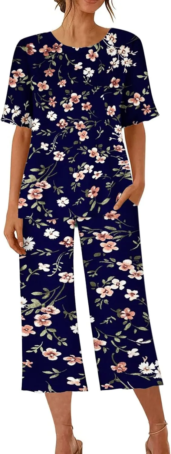 Women Lounge Set Short Sleeve Sleepwear 2 Piece Capri Pajamas Sets Casual Tops Pants Ladies Summer Pjs with Pockets
