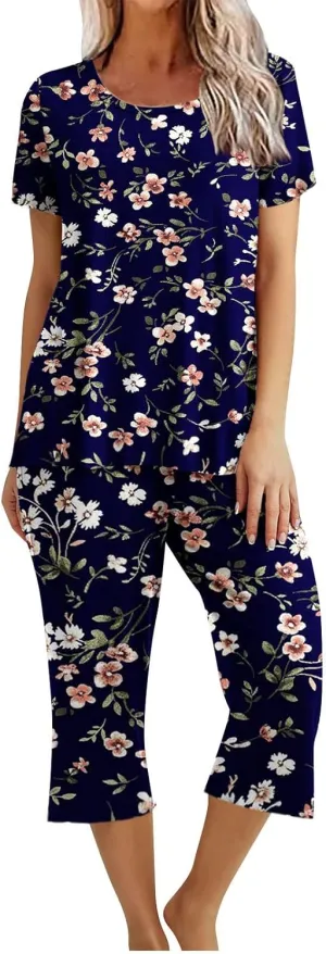 Women Lounge Set Short Sleeve Sleepwear 2 Piece Capri Pajamas Sets Casual Tops Pants Ladies Summer Pjs with Pockets
