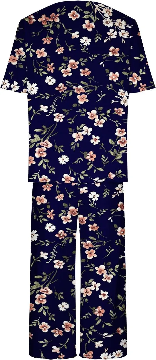 Women Lounge Set Short Sleeve Sleepwear 2 Piece Capri Pajamas Sets Casual Tops Pants Ladies Summer Pjs with Pockets