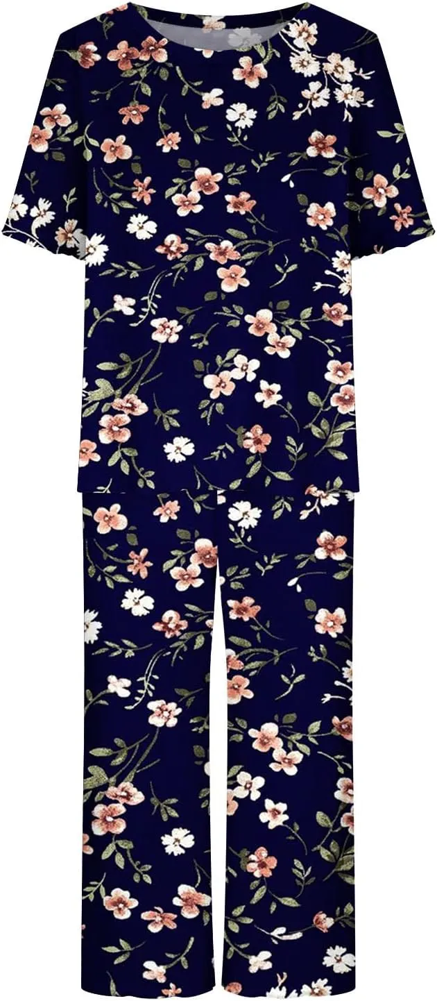 Women Lounge Set Short Sleeve Sleepwear 2 Piece Capri Pajamas Sets Casual Tops Pants Ladies Summer Pjs with Pockets