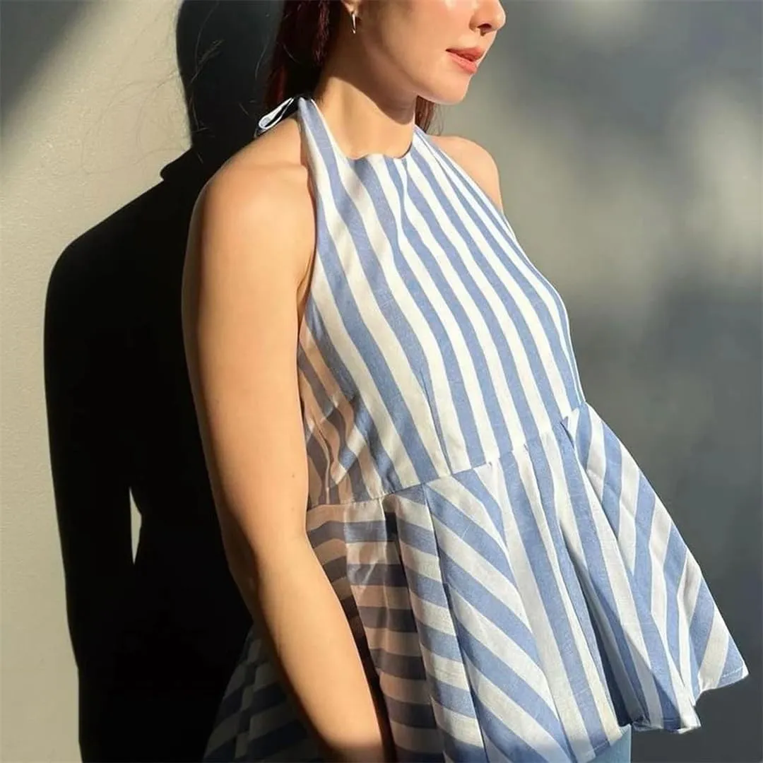 Women Striped Tie Back Peplum Tank Top Open Back Ruffle Cami Tops Sexy Going Out Camisoles