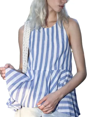 Women Striped Tie Back Peplum Tank Top Open Back Ruffle Cami Tops Sexy Going Out Camisoles