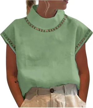 Women Summer Cotton Linen Tops 2025 Casual Loose Eyelet Cap Sleeve T Shirt Trendy Oversized Mock Neck Blouses Tees