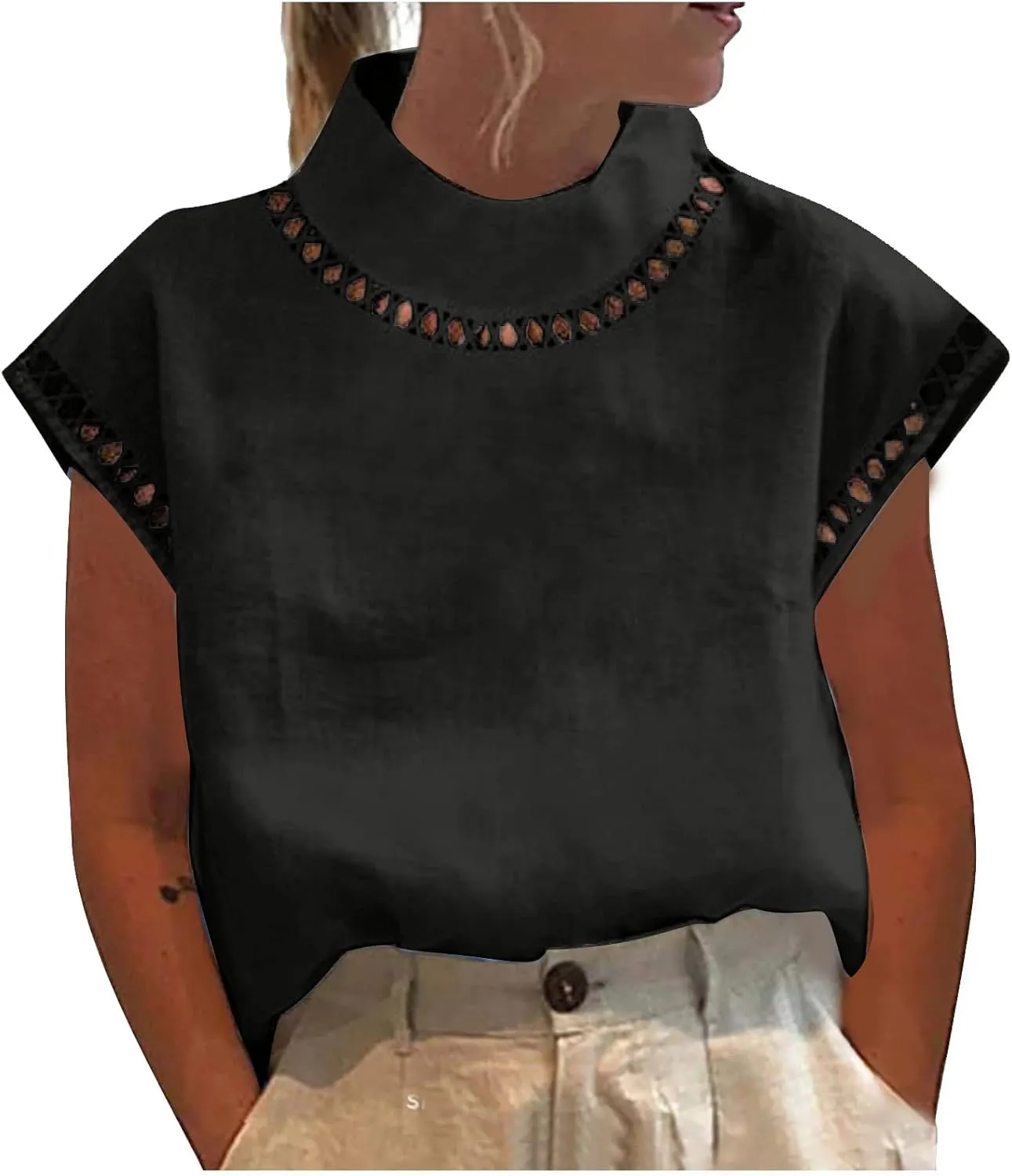 Women Summer Cotton Linen Tops 2025 Casual Loose Eyelet Cap Sleeve T Shirt Trendy Oversized Mock Neck Blouses Tees