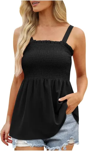 Women Summer Sleeveless Tank Top Ruched Ruffle Flowy Camisole Tummy Control Casual Longline Cami Blouse