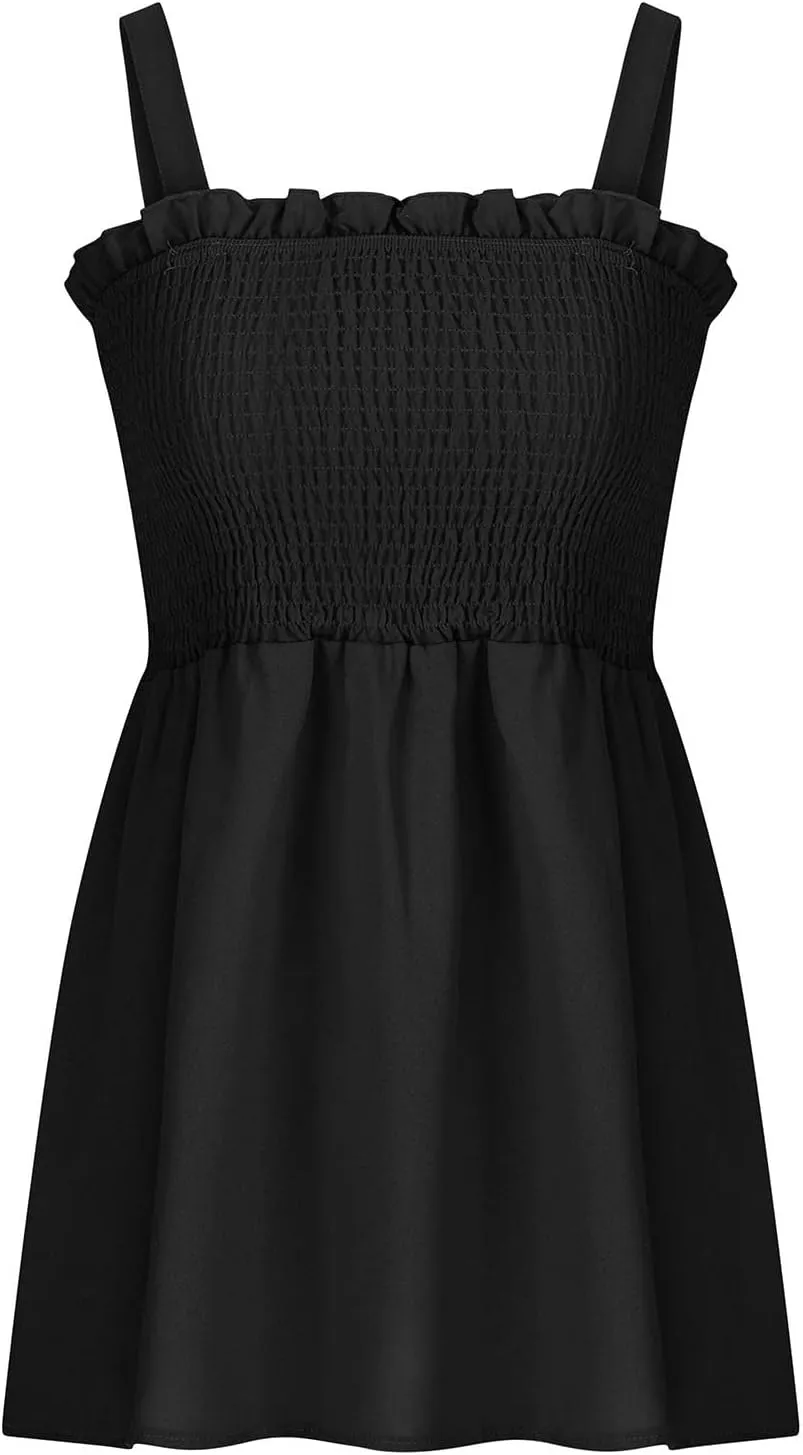 Women Summer Sleeveless Tank Top Ruched Ruffle Flowy Camisole Tummy Control Casual Longline Cami Blouse