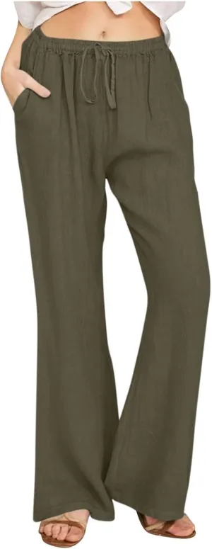 Women Wide Leg Cotton Linen Pants Casual High Waist Palazzo Pant Workout Loose Flowy Trouser with Pocket