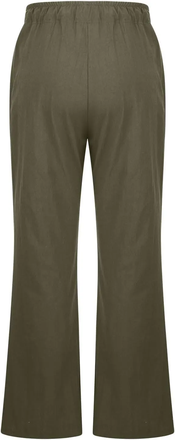 Women Wide Leg Cotton Linen Pants Casual High Waist Palazzo Pant Workout Loose Flowy Trouser with Pocket