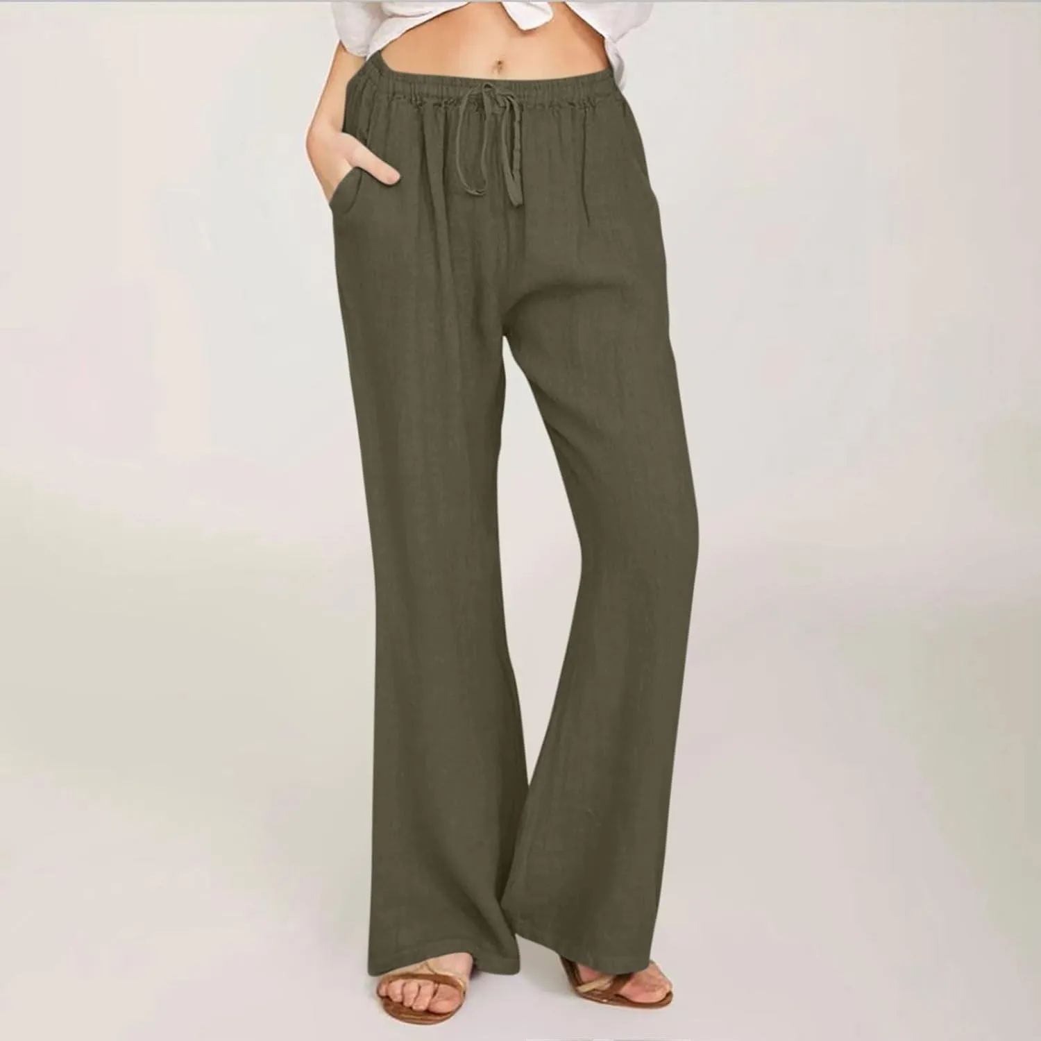 Women Wide Leg Cotton Linen Pants Casual High Waist Palazzo Pant Workout Loose Flowy Trouser with Pocket