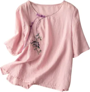 Women's 3/4 Sleeve Linen Shirts Casual Crew Neck T-Shirts Retro Embroidered Loose Fit Summer Tee Shirts