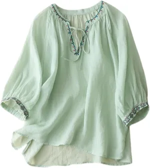 Women's 3/4 Sleeve Linen Shirts Casual Crew Neck T-Shirts Retro Embroidered Loose Fit Summer Tee Shirts