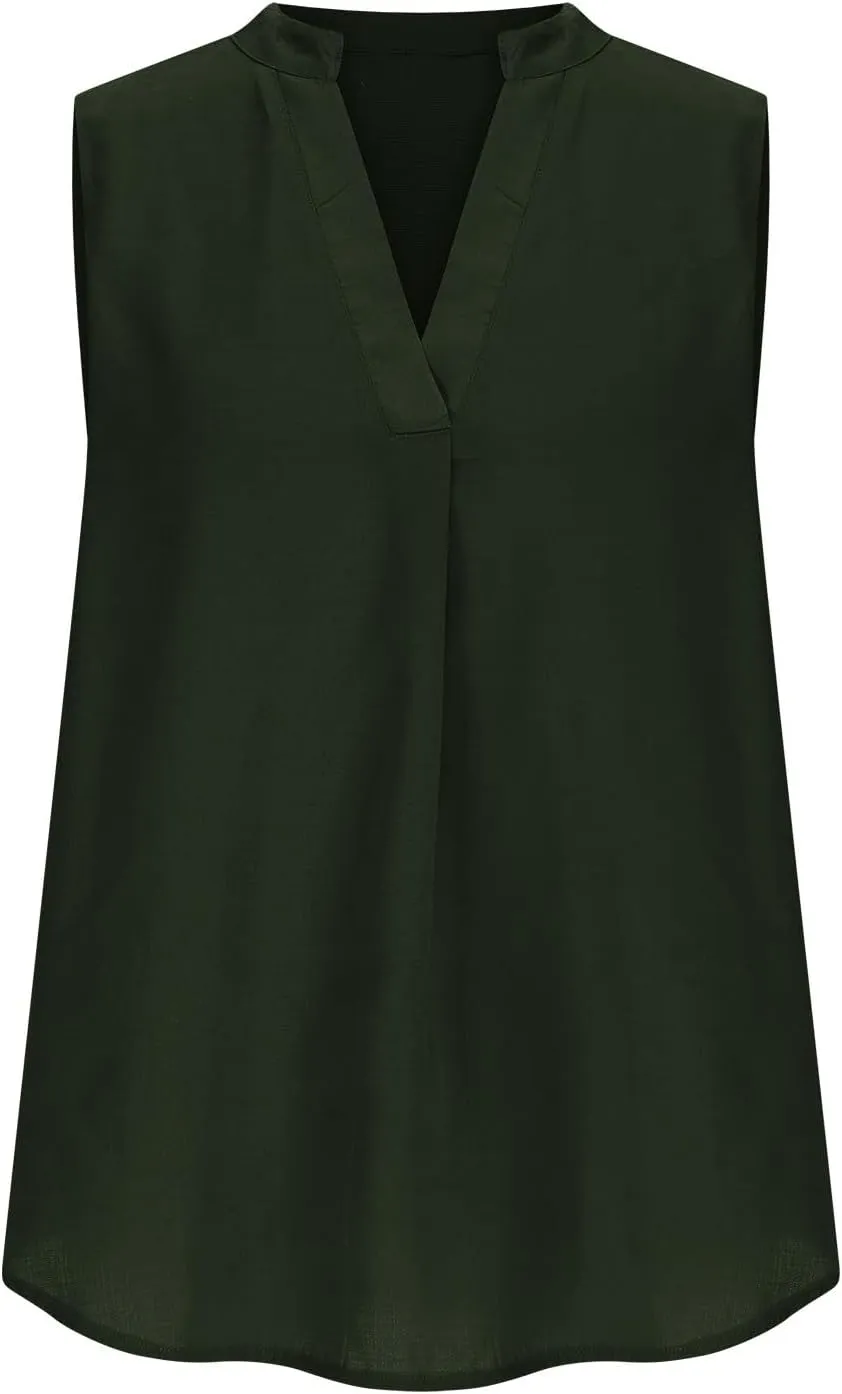 Women's Business Casual Sleeveless Shirts Summer Dressy Tank Tops Notch V Neck Work Blouse Loose Tunic Top