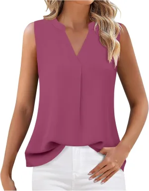Women's Business Casual Sleeveless Shirts Summer Dressy Tank Tops Notch V Neck Work Blouse Loose Tunic Top