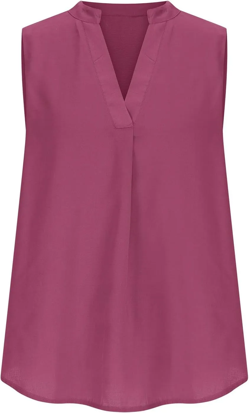 Women's Business Casual Sleeveless Shirts Summer Dressy Tank Tops Notch V Neck Work Blouse Loose Tunic Top