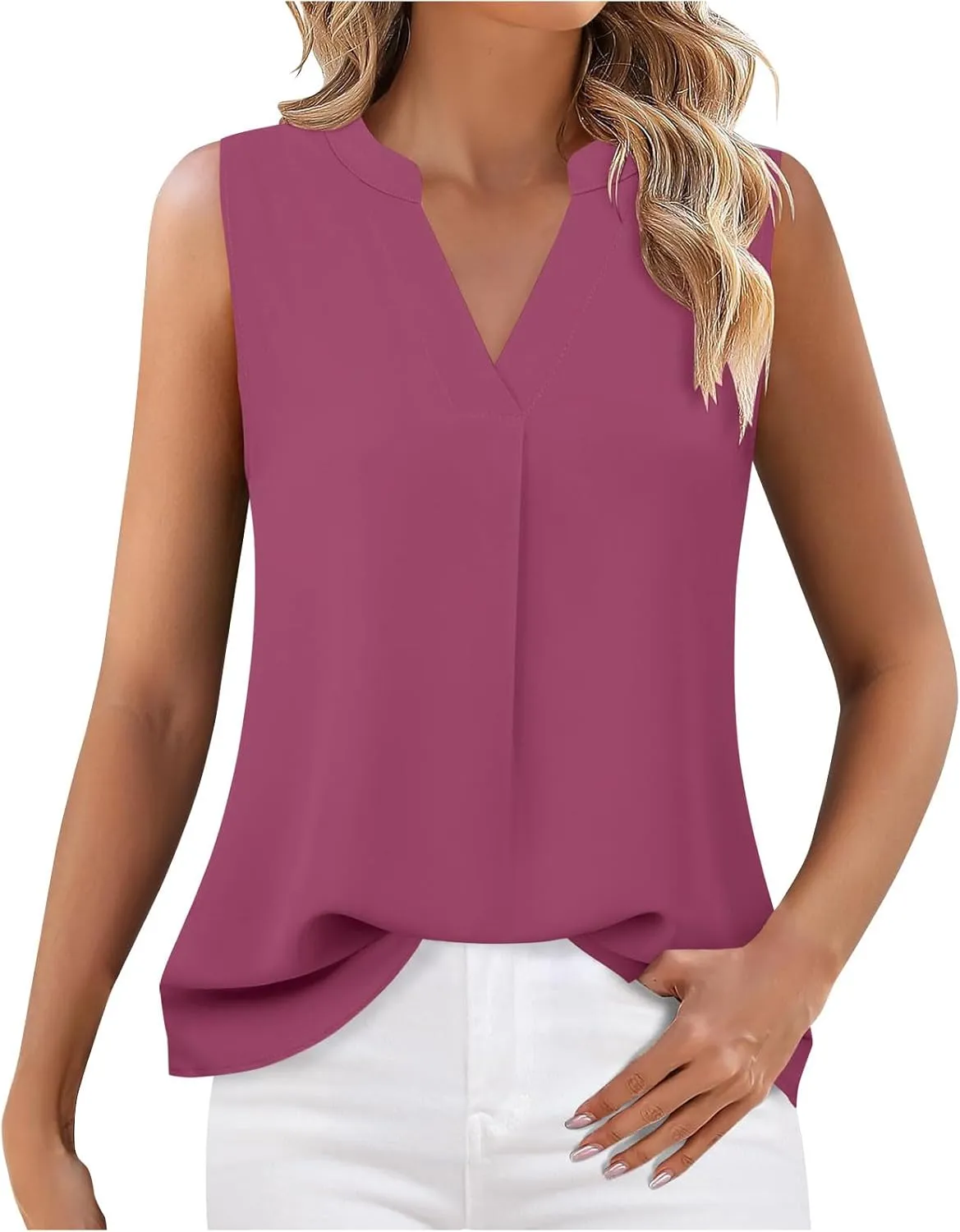 Women's Business Casual Sleeveless Shirts Summer Dressy Tank Tops Notch V Neck Work Blouse Loose Tunic Top