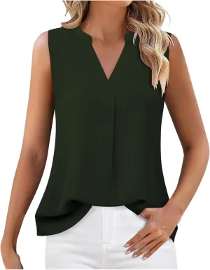 Women's Business Casual Sleeveless Shirts Summer Dressy Tank Tops Notch V Neck Work Blouse Loose Tunic Top