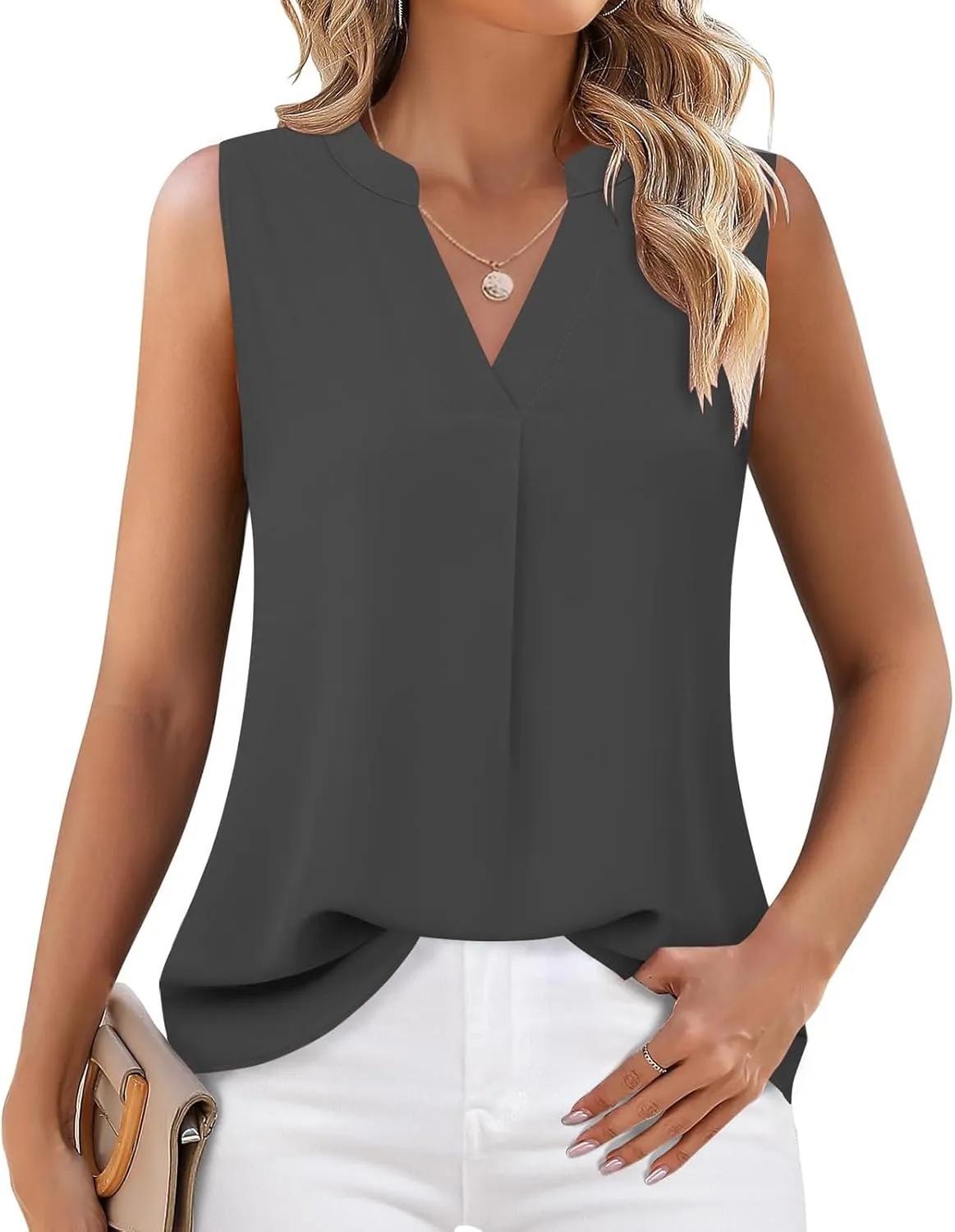 Women's Business Casual Sleeveless Shirts Summer Dressy Tank Tops Notch V Neck Work Blouse Loose Tunic Top