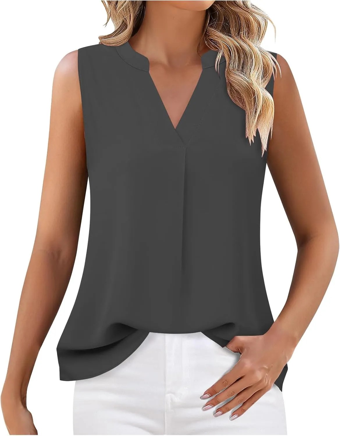 Women's Business Casual Sleeveless Shirts Summer Dressy Tank Tops Notch V Neck Work Blouse Loose Tunic Top