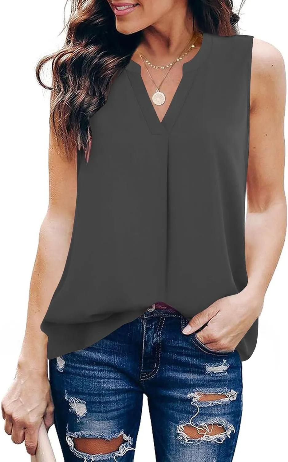 Women's Business Casual Sleeveless Shirts Summer Dressy Tank Tops Notch V Neck Work Blouse Loose Tunic Top