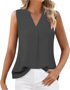 Women's Business Casual Sleeveless Shirts Summer Dressy Tank Tops Notch V Neck Work Blouse Loose Tunic Top