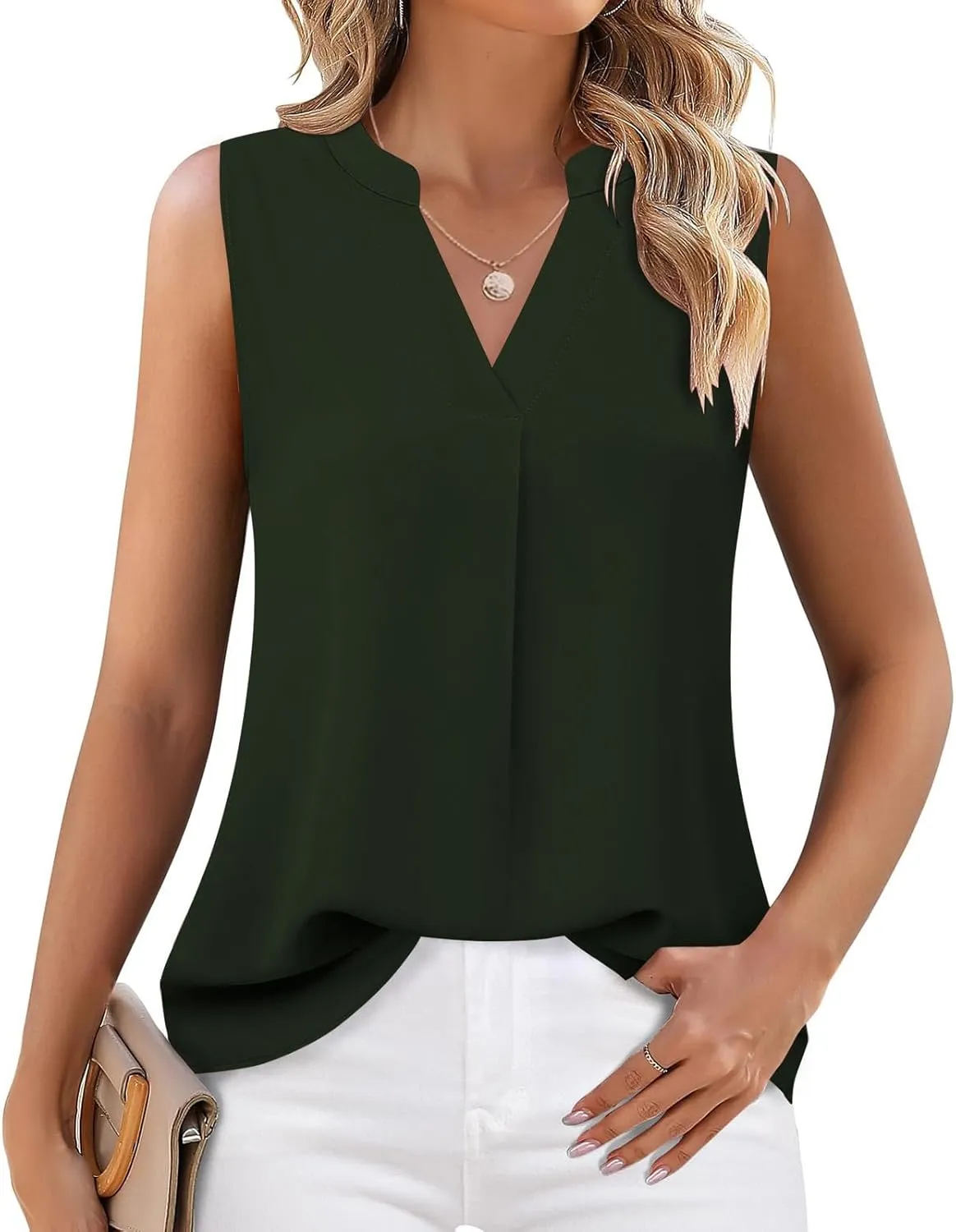 Women's Business Casual Sleeveless Shirts Summer Dressy Tank Tops Notch V Neck Work Blouse Loose Tunic Top