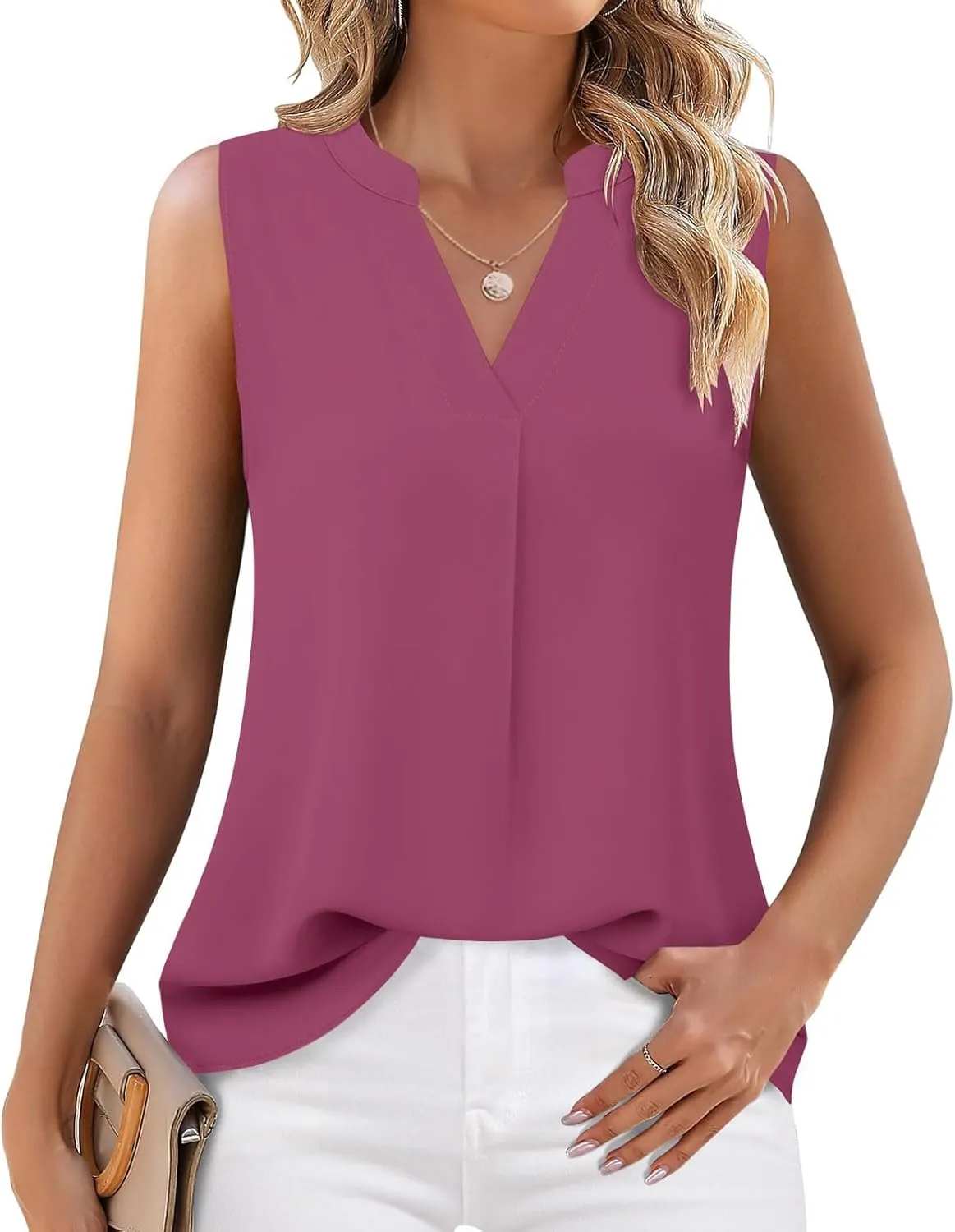 Women's Business Casual Sleeveless Shirts Summer Dressy Tank Tops Notch V Neck Work Blouse Loose Tunic Top