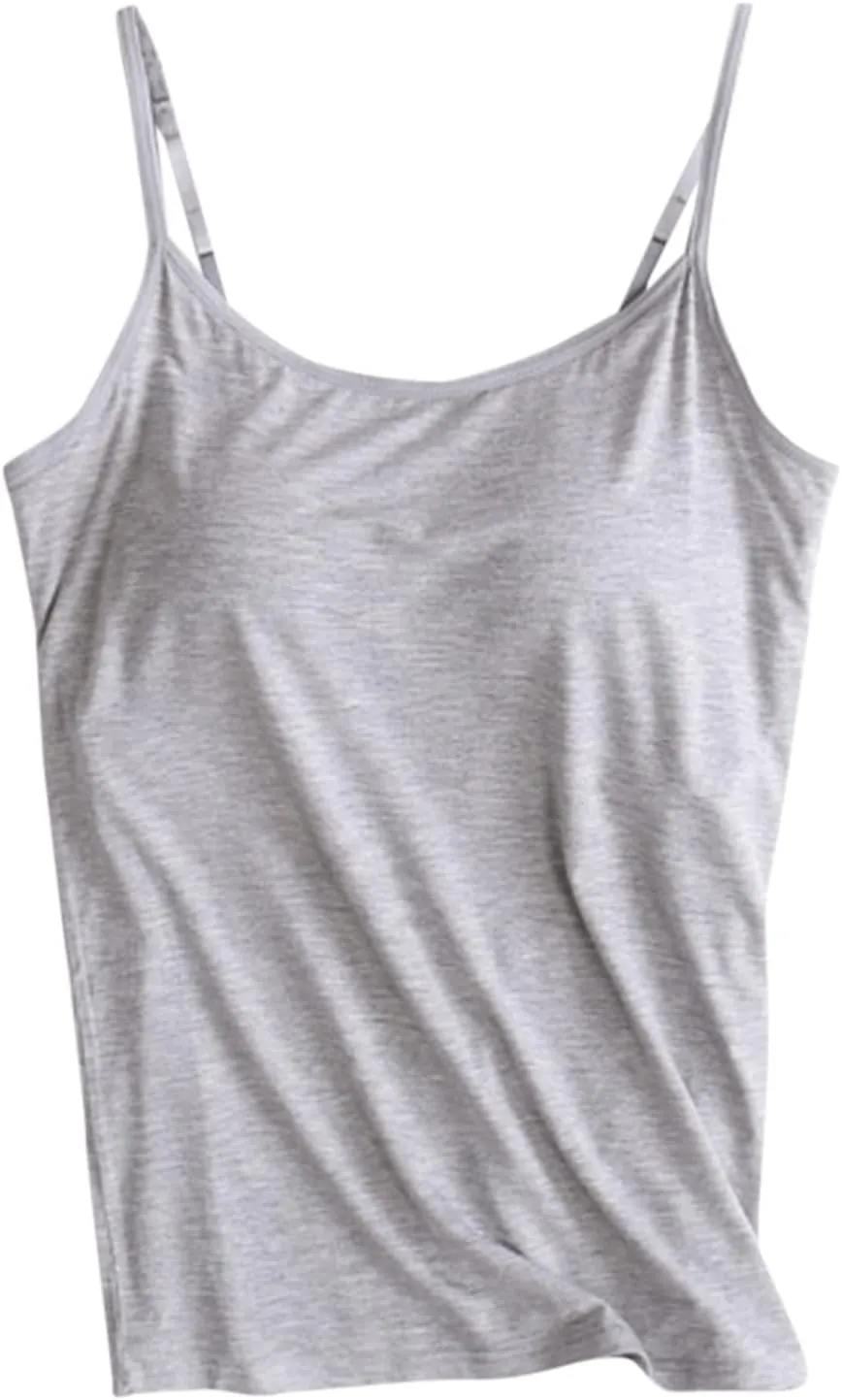 Womens Camisole with Shelf Bra Cotton Tank Top Adjustable Spaghetti Straps Cami Tops Yoga Shirt Cotton Undershirt
