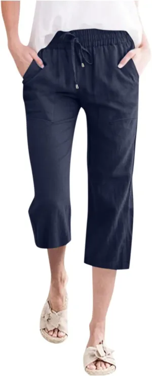 Womens Capris Summer Cotton Linen Pants Casual 2025 Trendy Elastic Waisted Cropped Trousers Beach Pants