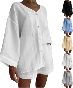Womens Casual 2 Piece Outfits Cotton Linen Set Long Sleeve Button Down Shirts High Waisted Shorts 2024 Vacation Set