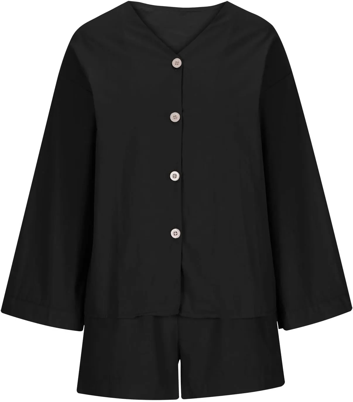 Womens Casual 2 Piece Outfits Cotton Linen Set Long Sleeve Button Down Shirts High Waisted Shorts 2024 Vacation Set