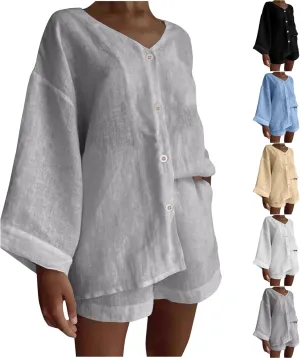 Womens Casual 2 Piece Outfits Cotton Linen Set Long Sleeve Button Down Shirts High Waisted Shorts 2024 Vacation Set