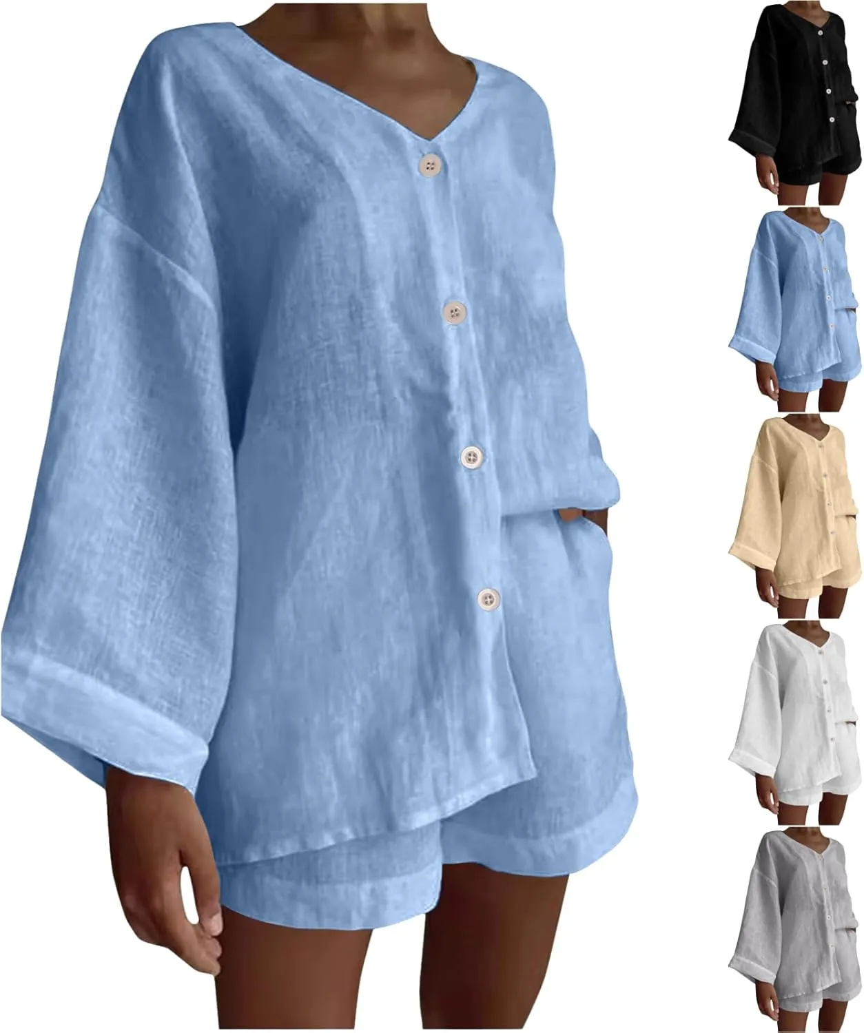 Womens Casual 2 Piece Outfits Cotton Linen Set Long Sleeve Button Down Shirts High Waisted Shorts 2024 Vacation Set