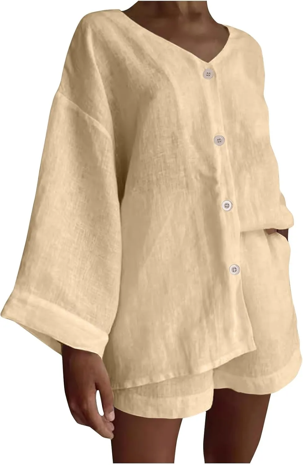 Womens Casual 2 Piece Outfits Cotton Linen Set Long Sleeve Button Down Shirts High Waisted Shorts 2024 Vacation Set