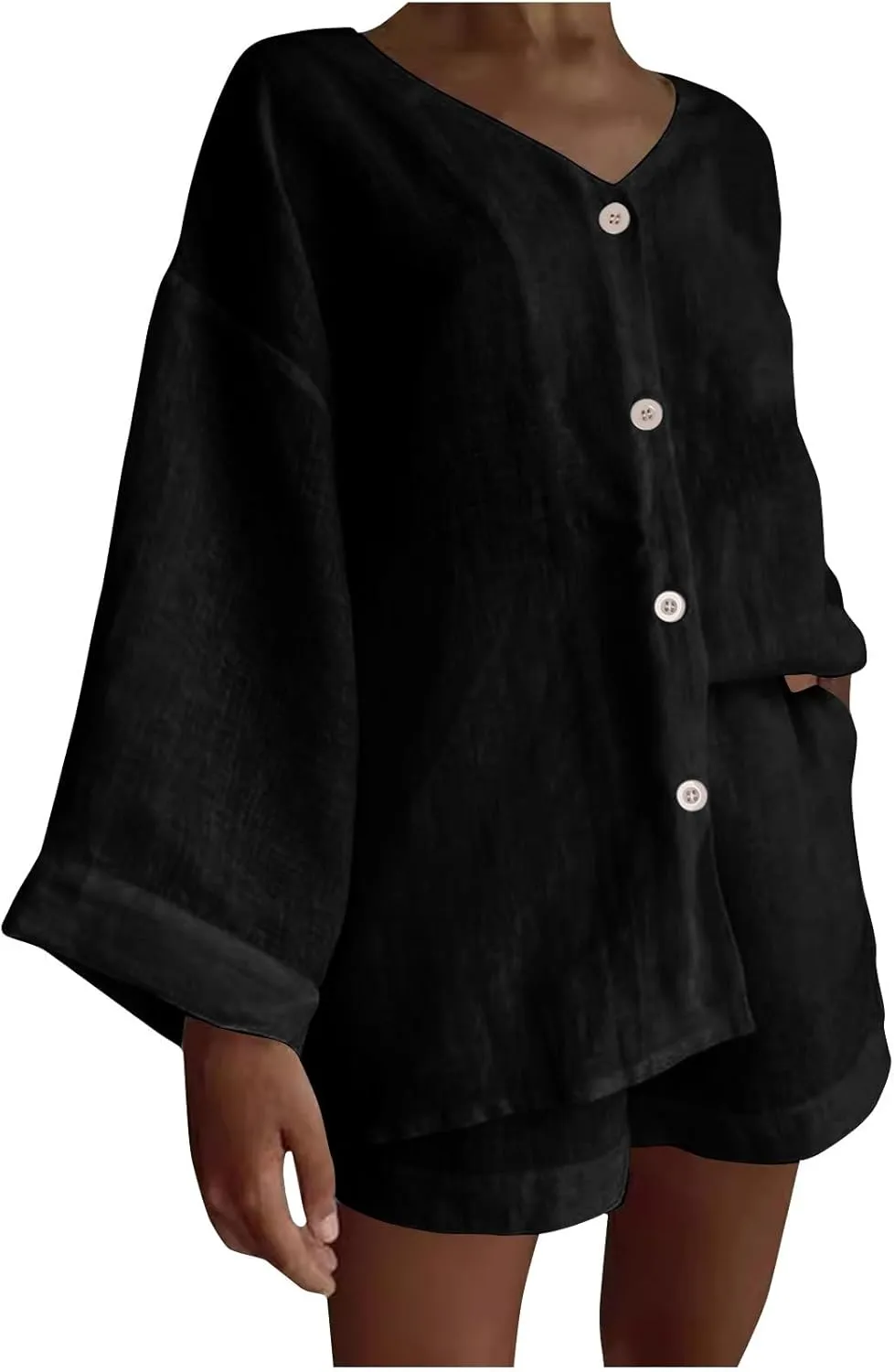 Womens Casual 2 Piece Outfits Cotton Linen Set Long Sleeve Button Down Shirts High Waisted Shorts 2024 Vacation Set