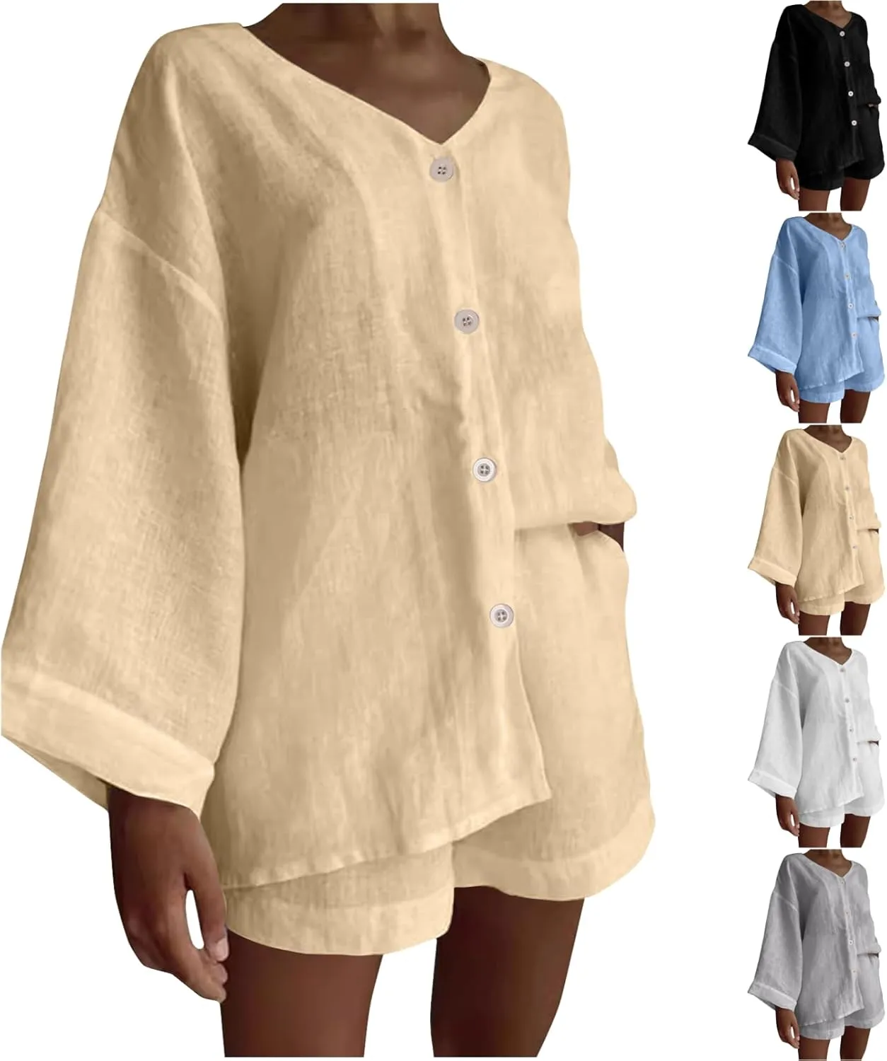 Womens Casual 2 Piece Outfits Cotton Linen Set Long Sleeve Button Down Shirts High Waisted Shorts 2024 Vacation Set