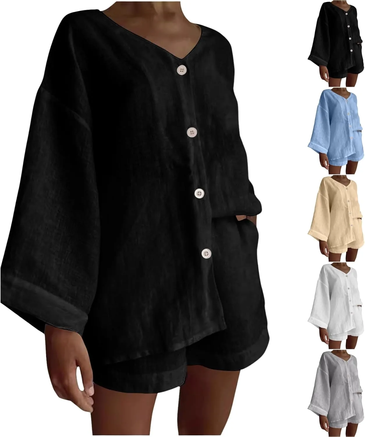 Womens Casual 2 Piece Outfits Cotton Linen Set Long Sleeve Button Down Shirts High Waisted Shorts 2024 Vacation Set
