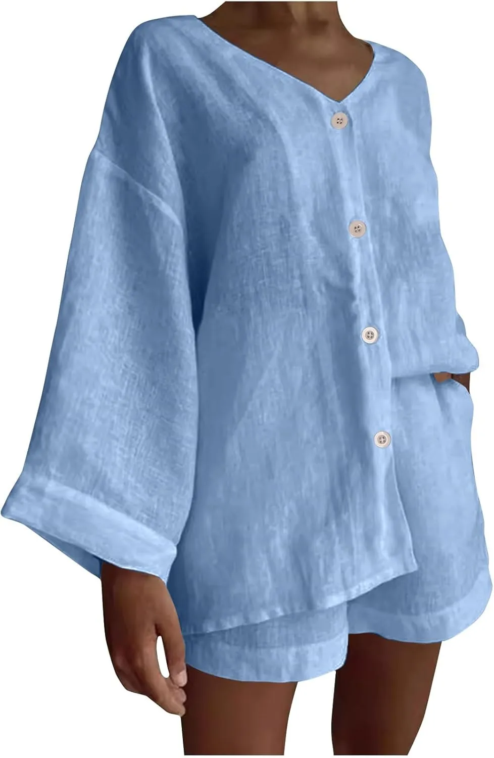 Womens Casual 2 Piece Outfits Cotton Linen Set Long Sleeve Button Down Shirts High Waisted Shorts 2024 Vacation Set