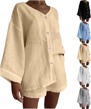 Womens Casual 2 Piece Outfits Cotton Linen Set Long Sleeve Button Down Shirts High Waisted Shorts 2024 Vacation Set
