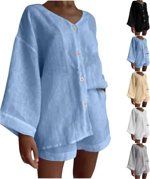 Womens Casual 2 Piece Outfits Cotton Linen Set Long Sleeve Button Down Shirts High Waisted Shorts 2024 Vacation Set