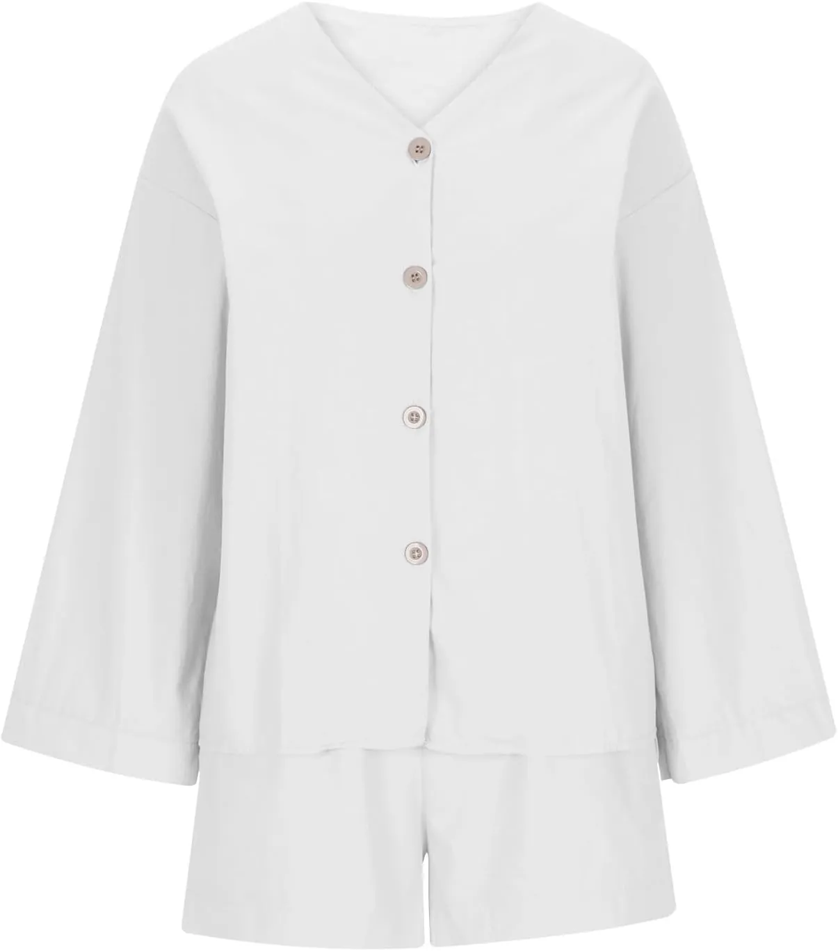 Womens Casual 2 Piece Outfits Cotton Linen Set Long Sleeve Button Down Shirts High Waisted Shorts 2024 Vacation Set