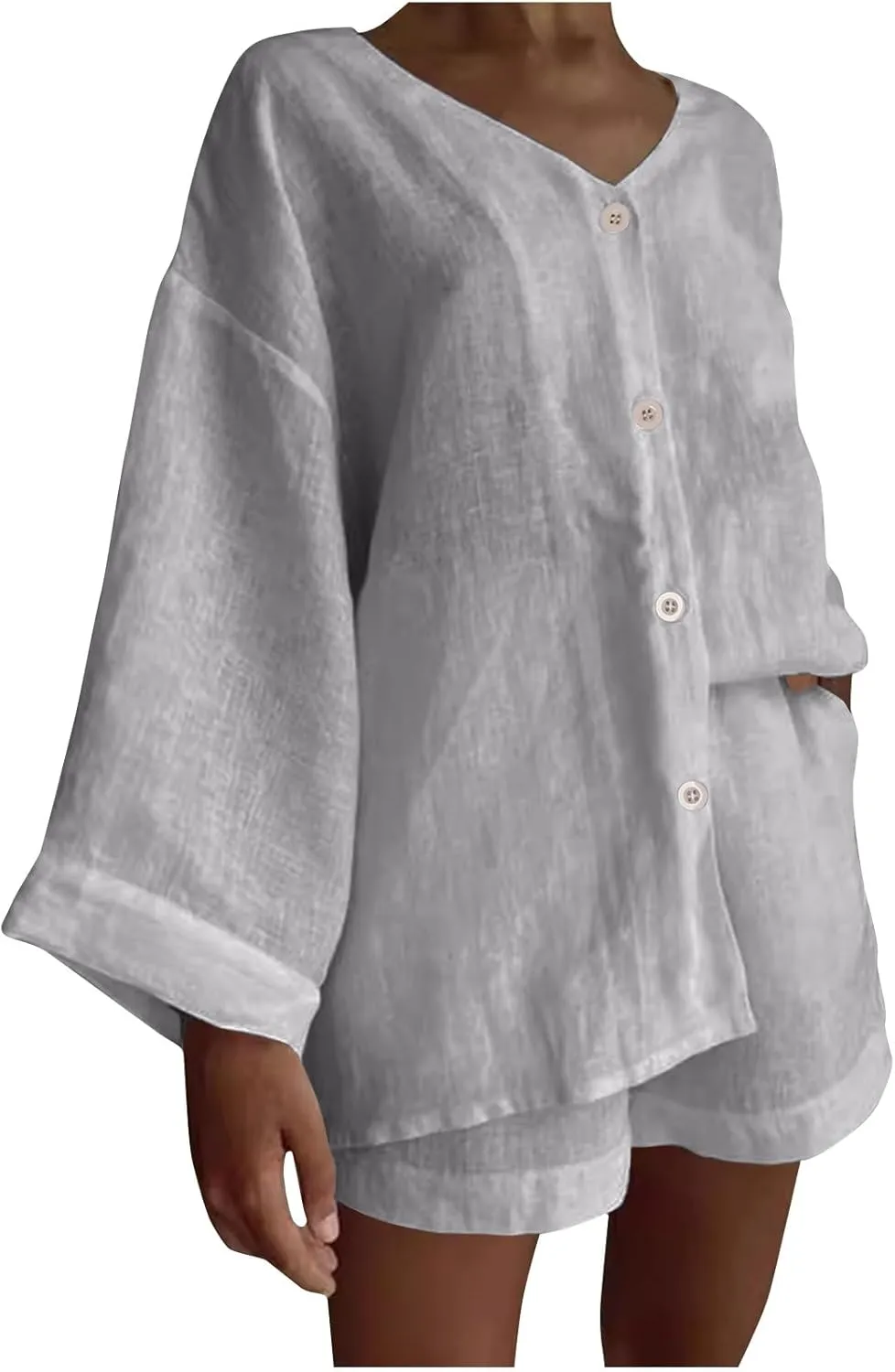 Womens Casual 2 Piece Outfits Cotton Linen Set Long Sleeve Button Down Shirts High Waisted Shorts 2024 Vacation Set