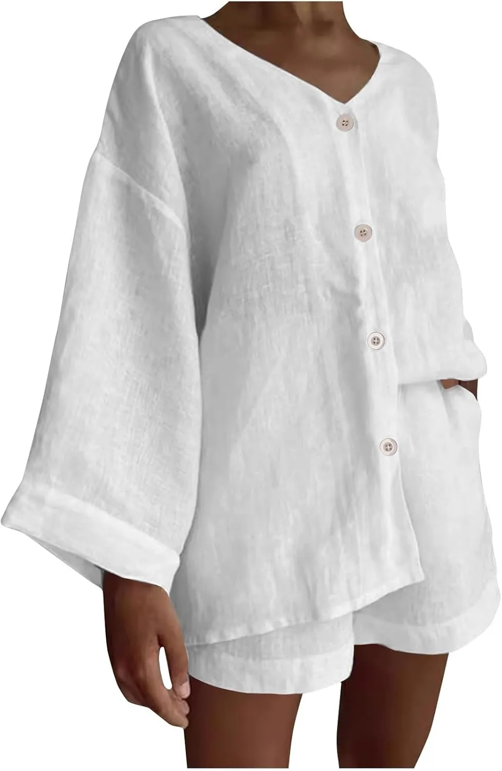 Womens Casual 2 Piece Outfits Cotton Linen Set Long Sleeve Button Down Shirts High Waisted Shorts 2024 Vacation Set