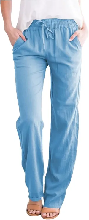 Womens Casual Cotton Linen Pants Drawstring Loose Summer Trousers Straight Leg Comfy Lounge Long Trousers with Pocket