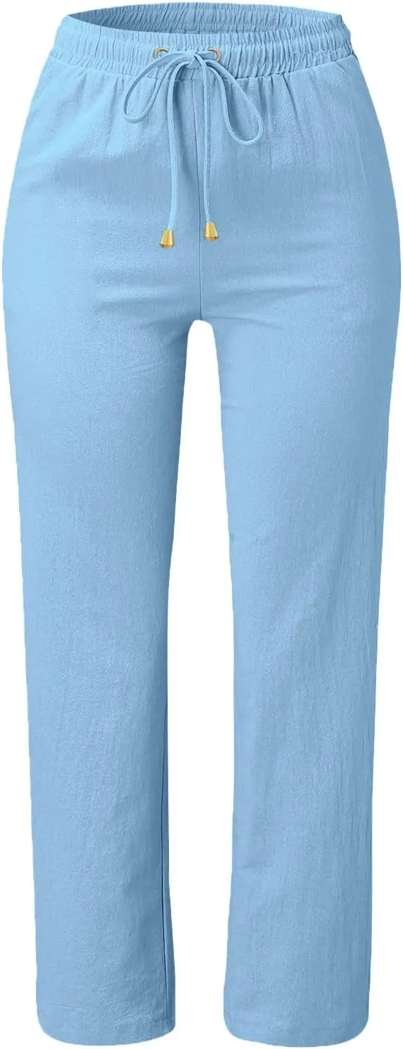 Womens Casual Cotton Linen Pants Drawstring Loose Summer Trousers Straight Leg Comfy Lounge Long Trousers with Pocket