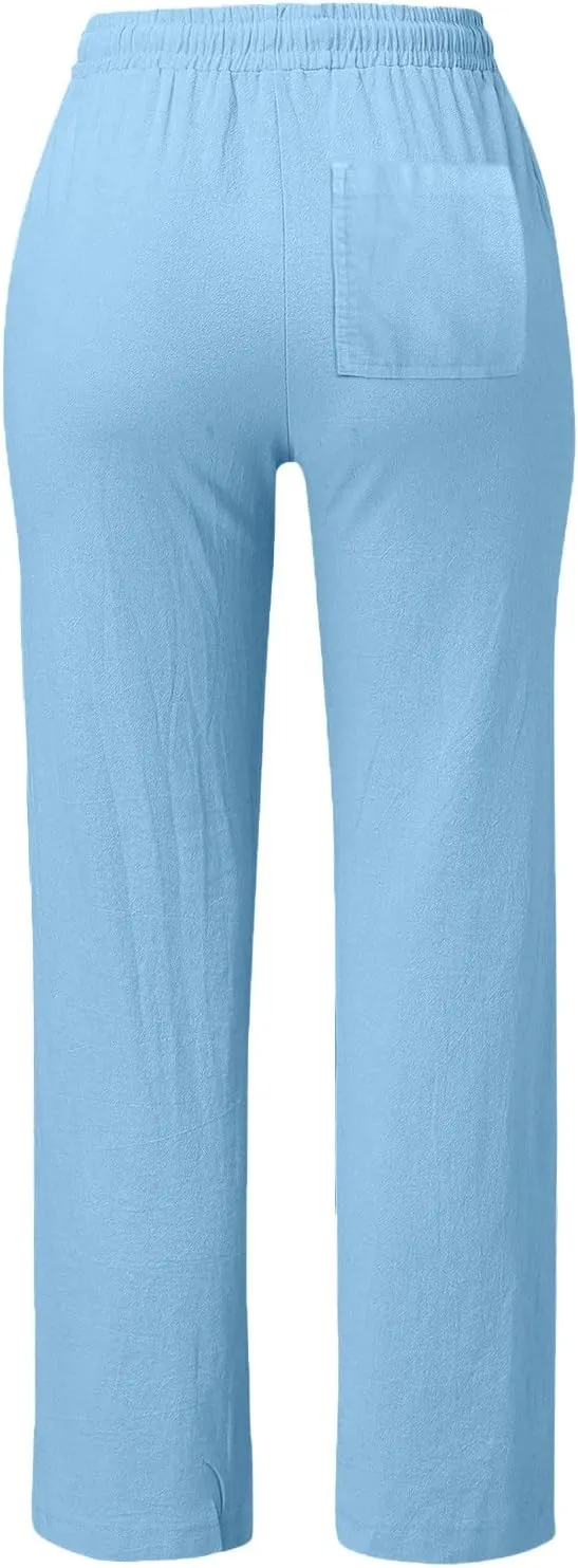 Womens Casual Cotton Linen Pants Drawstring Loose Summer Trousers Straight Leg Comfy Lounge Long Trousers with Pocket